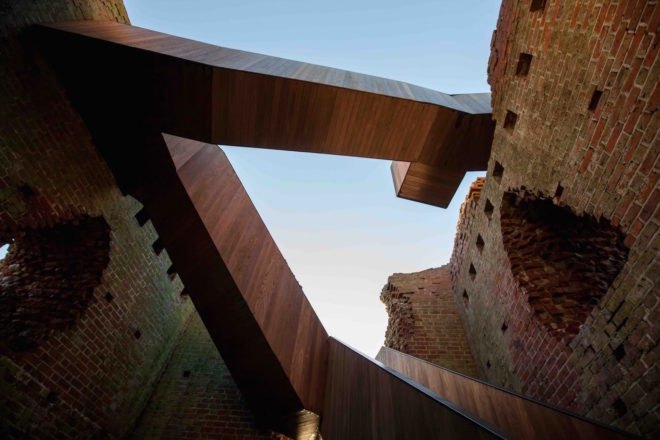 2017 European Mies van der Rohe Award, Kalø Slotsruin, Kalø Slotsruin visitor access, Kalø Slotsruin staircase, prefabricated staircase, restoring access to historical ruins, brick medieval ruins in Denmark, Kalø Slotsruin intervention by MAP Architects,