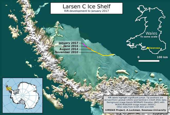 Larsen C, Larsen C ice shelf, ice shelf, rift, ice shelf rift, Antarctica, Antarctica ice shelf, geography, climate, warming, Project Midas, NASA, environment