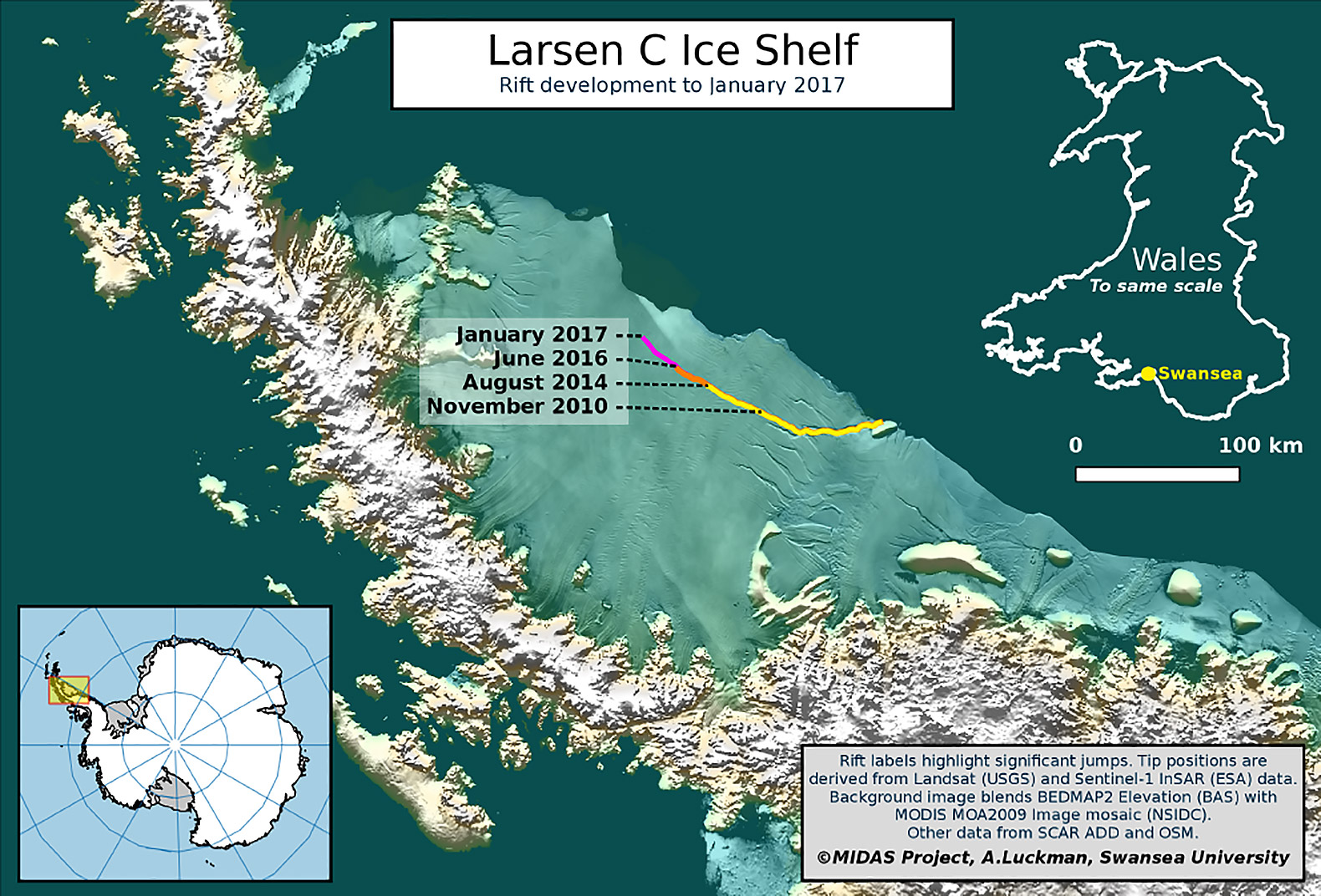Larsen C, Larsen C ice shelf, ice shelf, rift, ice shelf rift, Antarctica, Antarctica ice shelf, geography, climate, warming, Project Midas, NASA, environment