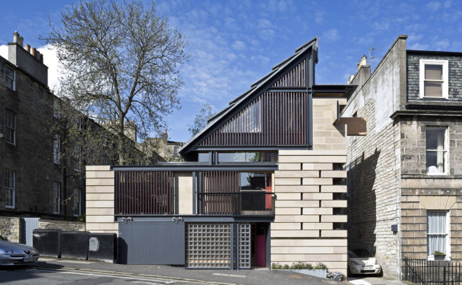 Murphy House, Richard Murphy Architects, solar power, Edinburgh, monopitch, solar panels, photovoltaic cells, rainwater harvesting, shutters, irrigation, grey water, grey water storage, green architecture