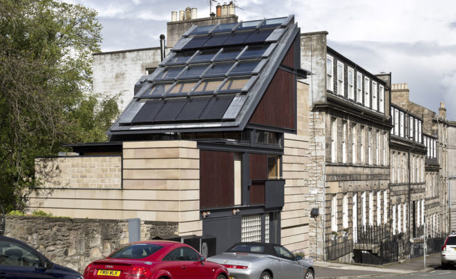 Murphy House, Richard Murphy Architects, solar power, Edinburgh, monopitch, solar panels, photovoltaic cells, rainwater harvesting, shutters, irrigation, grey water, grey water storage, green architecture