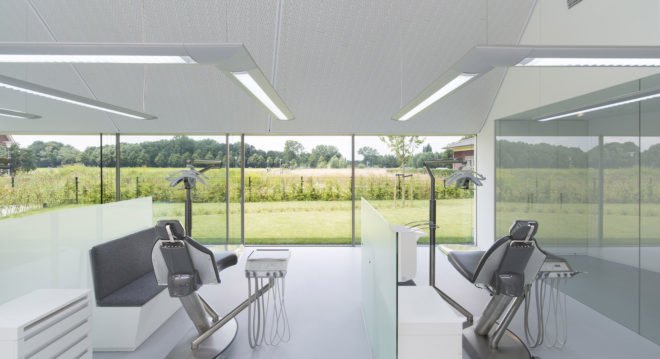 Ortho Wijchen, dental clinic, natural light, birch, wood furniture, Studio Prototype, skylights, green architecture, the Netherlands