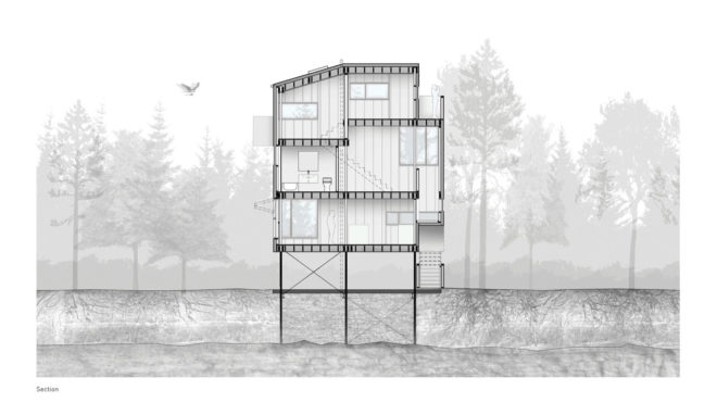Pole House, DIN Projects, house on stilts, Canada, cottage, stilts, recycled pipes, green architecture, Lake Winnipeg, wood-burning stove