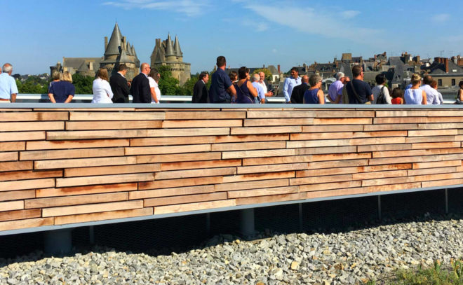 TETRARC Architectes, P.E.M Vitré, pedestrian footbridge, car park park, green car park, Multimodal Interchange project, Vitré bridge, bridge design, urban design, urban design, stepped garden design, green space, urban green space, timber footpaths,