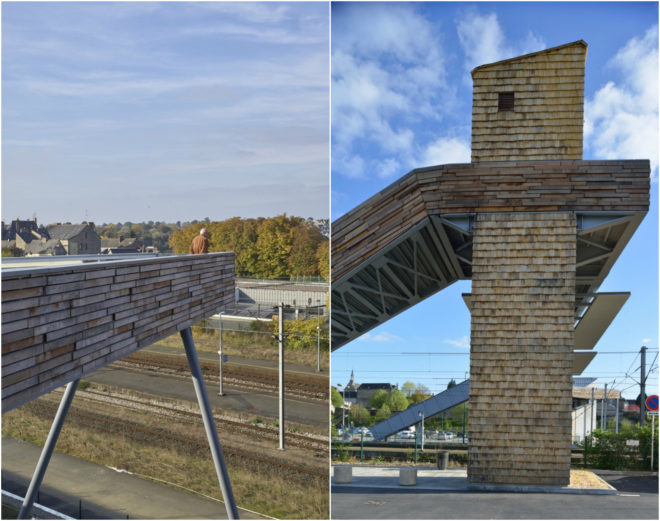 TETRARC Architectes, P.E.M Vitré, pedestrian footbridge, car park park, green car park, Multimodal Interchange project, Vitré bridge, bridge design, urban design, urban design, stepped garden design, green space, urban green space, timber footpaths,