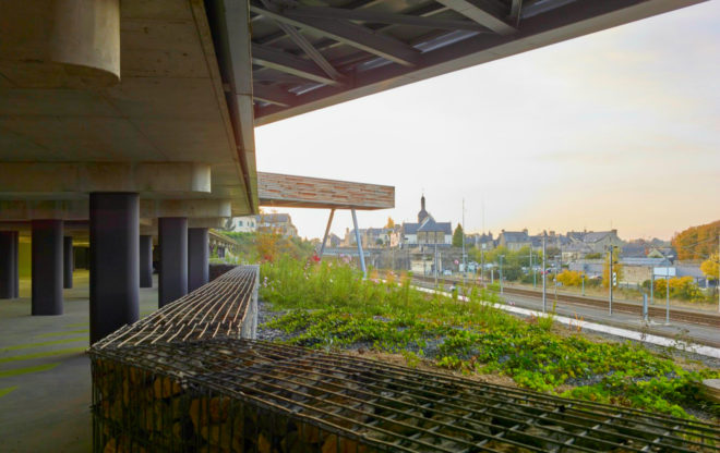 TETRARC Architectes, P.E.M Vitré, pedestrian footbridge, car park park, green car park, Multimodal Interchange project, Vitré bridge, bridge design, urban design, urban design, stepped garden design, green space, urban green space, timber footpaths,