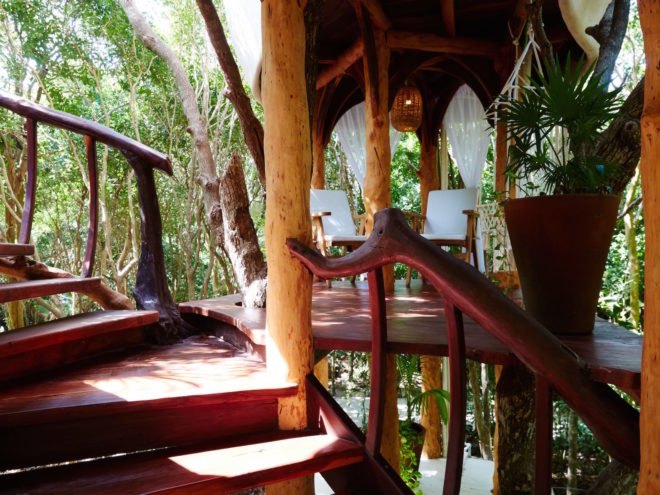 Treehouse at Papaya Playa Project, Papaya Playa Project ecofriendly architecture, ecofriendly resorts in Yucatan, treehouse built of recycled materials, Yucatan treehouse resort, Design Hotels treehouse