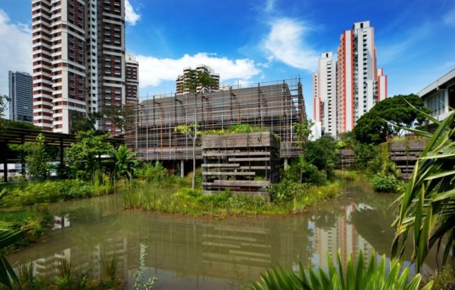 WOHA Architects, Enabling Village, Bukit Merah Vocational Institute, universal design, upcycled materials, timber building materials, singapore architecture, recycled oil drum planters, recycled building materials, green building, water gardens, landscape architecture, landscape design, all-inclusive design,
