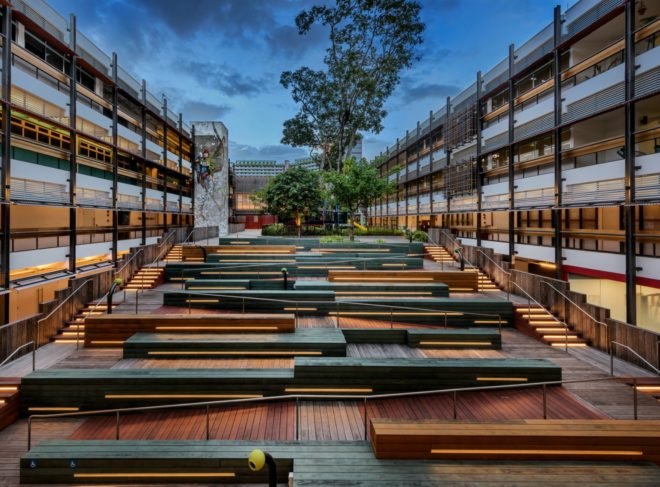 WOHA Architects, Enabling Village, Bukit Merah Vocational Institute, universal design, upcycled materials, timber building materials, singapore architecture, recycled oil drum planters, recycled building materials, green building, water gardens, landscape architecture, landscape design, all-inclusive design,