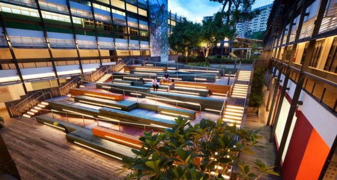 WOHA Architects, Enabling Village, Bukit Merah Vocational Institute, universal design, upcycled materials, timber building materials, singapore architecture, recycled oil drum planters, recycled building materials, green building, water gardens, landscape architecture, landscape design, all-inclusive design,