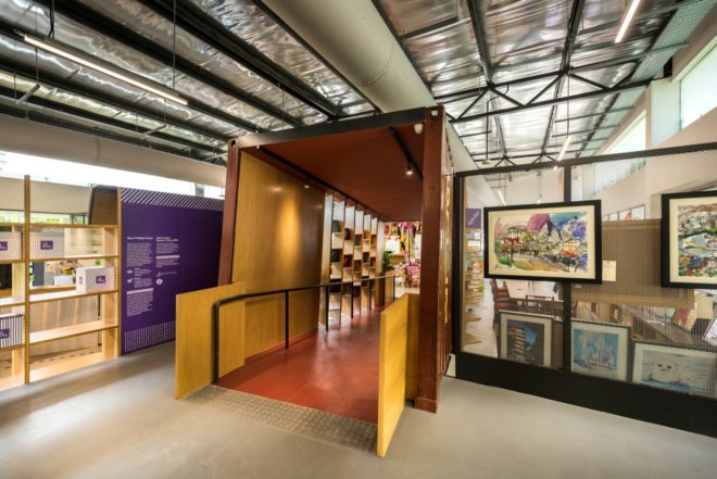 WOHA Architects, Enabling Village, Bukit Merah Vocational Institute, universal design, upcycled materials, timber building materials, singapore architecture, recycled oil drum planters, recycled building materials, green building, water gardens, landscape architecture, landscape design, all-inclusive design,