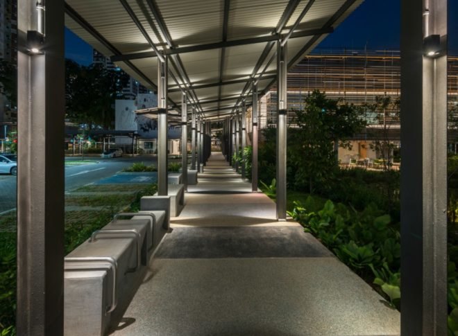 WOHA Architects, Enabling Village, Bukit Merah Vocational Institute, universal design, upcycled materials, timber building materials, singapore architecture, recycled oil drum planters, recycled building materials, green building, water gardens, landscape architecture, landscape design, all-inclusive design,