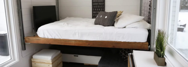 tiny houses, ana white, elevator bed, tiny home design, camper living, tiny home living, space saving furniture, flexible furniture, elevator bed desing, sliding storage, compact living, small living, minimal living, tiny home space, tiny home alaska, fold out bed, alaska tiny home