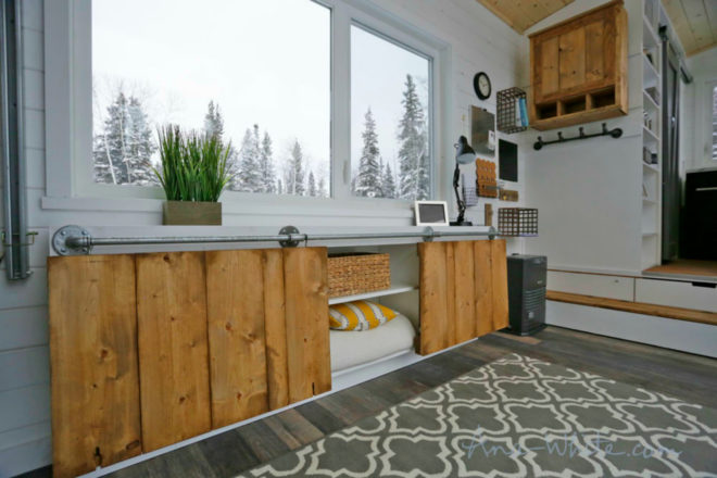 tiny houses, ana white, elevator bed, tiny home design, camper living, tiny home living, space saving furniture, flexible furniture, elevator bed desing, sliding storage, compact living, small living, minimal living, tiny home space, tiny home alaska, fold out bed, alaska tiny home