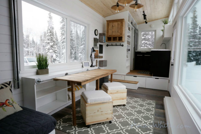 tiny houses, ana white, elevator bed, tiny home design, camper living, tiny home living, space saving furniture, flexible furniture, elevator bed desing, sliding storage, compact living, small living, minimal living, tiny home space, tiny home alaska, fold out bed, alaska tiny home