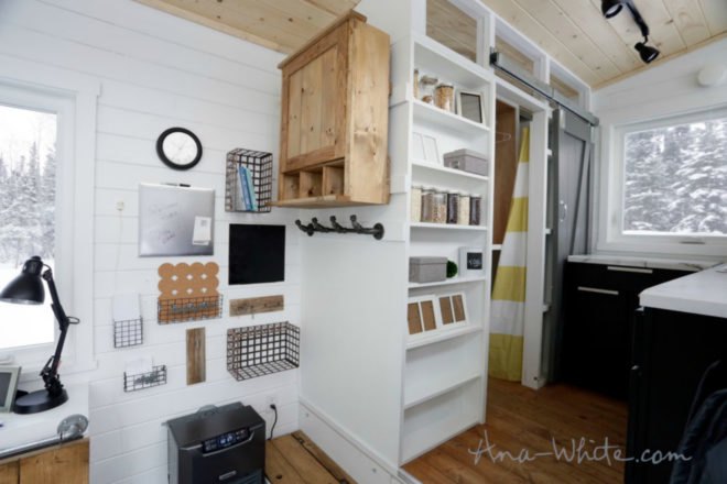 tiny houses, ana white, elevator bed, tiny home design, camper living, tiny home living, space saving furniture, flexible furniture, elevator bed desing, sliding storage, compact living, small living, minimal living, tiny home space, tiny home alaska, fold out bed, alaska tiny home