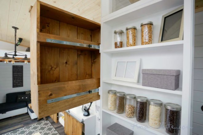 tiny houses, ana white, elevator bed, tiny home design, camper living, tiny home living, space saving furniture, flexible furniture, elevator bed desing, sliding storage, compact living, small living, minimal living, tiny home space, tiny home alaska, fold out bed, alaska tiny home