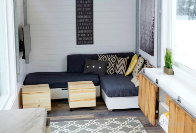 tiny houses, ana white, elevator bed, tiny home design, camper living, tiny home living, space saving furniture, flexible furniture, elevator bed desing, sliding storage, compact living, small living, minimal living, tiny home space, tiny home alaska, fold out bed, alaska tiny home