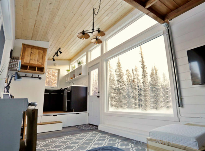 tiny houses, ana white, elevator bed, tiny home design, camper living, tiny home living, space saving furniture, flexible furniture, elevator bed desing, sliding storage, compact living, small living, minimal living, tiny home space, tiny home alaska, fold out bed, alaska tiny home