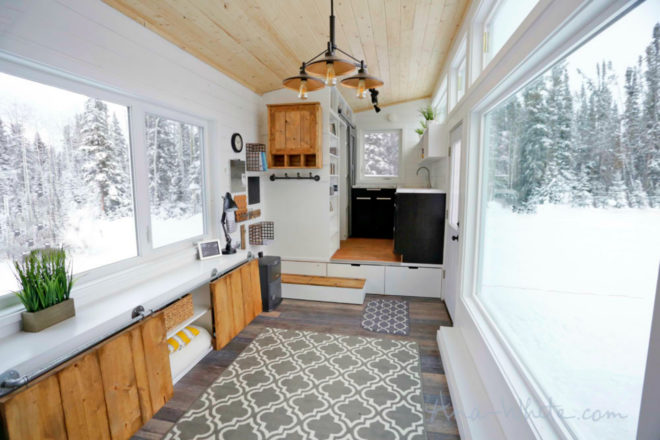 tiny houses, ana white, elevator bed, tiny home design, camper living, tiny home living, space saving furniture, flexible furniture, elevator bed desing, sliding storage, compact living, small living, minimal living, tiny home space, tiny home alaska, fold out bed, alaska tiny home