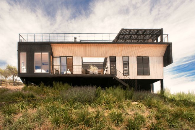 B+V Architects, Folding House, Folding House Chile, climate-controlled homes, responsive design, home design, passive cooling techniques, passive cooling technology, passive cooling, passive homes, energy efficient home design, green design, sustainable design, efficient design, home design, architecture, wooden shade, wooden facade,