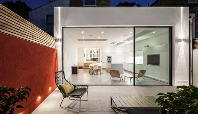 Chiswick House, AU Architects, green renovation, London, sliding doors, green architecture, open plan layout, polished concrete, natural building materials, garden terrace, rear garden
