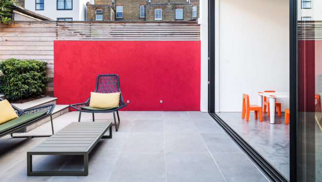 Chiswick House, AU Architects, green renovation, London, sliding doors, green architecture, open plan layout, polished concrete, natural building materials, garden terrace, rear garden