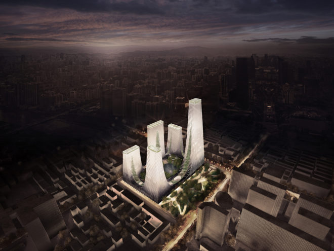 Cradle Towers by Tonkin Liu, Zhengzhou architecture, mountain inspired architecture, Songshan mountain inspired buildings, Cradle Towers in Zhengzhou, Cradle Towers in China