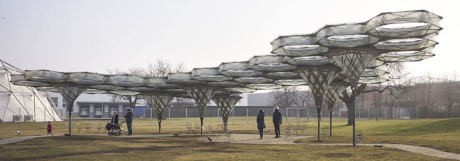 Elytra Filament Pavilion by University of Stuttgart, Vitra Design Museum robot architecture, Elytra Filament Pavilion, Elytra Filament Pavilion at Vitra Museum, robot built architecture, robotically built architecture, resin soaked glass, carbon fiber pavilion, carbon fiber architecture, biomimetic architecture