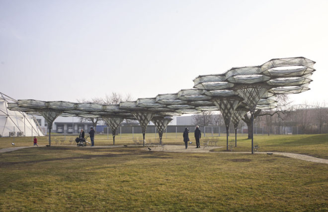 Elytra Filament Pavilion by University of Stuttgart, Vitra Design Museum robot architecture, Elytra Filament Pavilion, Elytra Filament Pavilion at Vitra Museum, robot built architecture, robotically built architecture, resin soaked glass, carbon fiber pavilion, carbon fiber architecture, biomimetic architecture