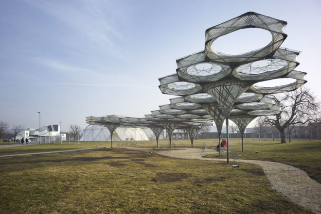 Elytra Filament Pavilion by University of Stuttgart, Vitra Design Museum robot architecture, Elytra Filament Pavilion, Elytra Filament Pavilion at Vitra Museum, robot built architecture, robotically built architecture, resin soaked glass, carbon fiber pavilion, carbon fiber architecture, biomimetic architecture