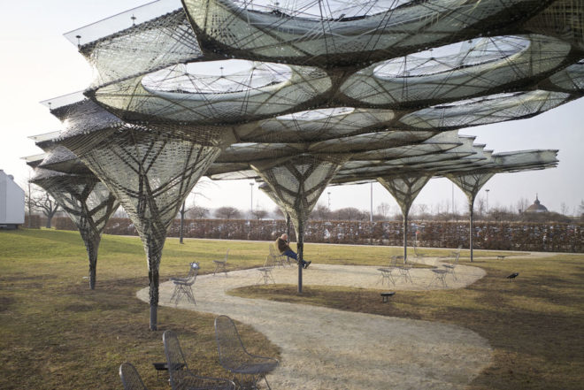 Elytra Filament Pavilion by University of Stuttgart, Vitra Design Museum robot architecture, Elytra Filament Pavilion, Elytra Filament Pavilion at Vitra Museum, robot built architecture, robotically built architecture, resin soaked glass, carbon fiber pavilion, carbon fiber architecture, biomimetic architecture