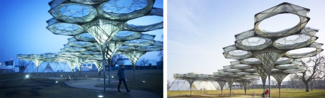 Elytra Filament Pavilion by University of Stuttgart, Vitra Design Museum robot architecture, Elytra Filament Pavilion, Elytra Filament Pavilion at Vitra Museum, robot built architecture, robotically built architecture, resin soaked glass, carbon fiber pavilion, carbon fiber architecture, biomimetic architecture