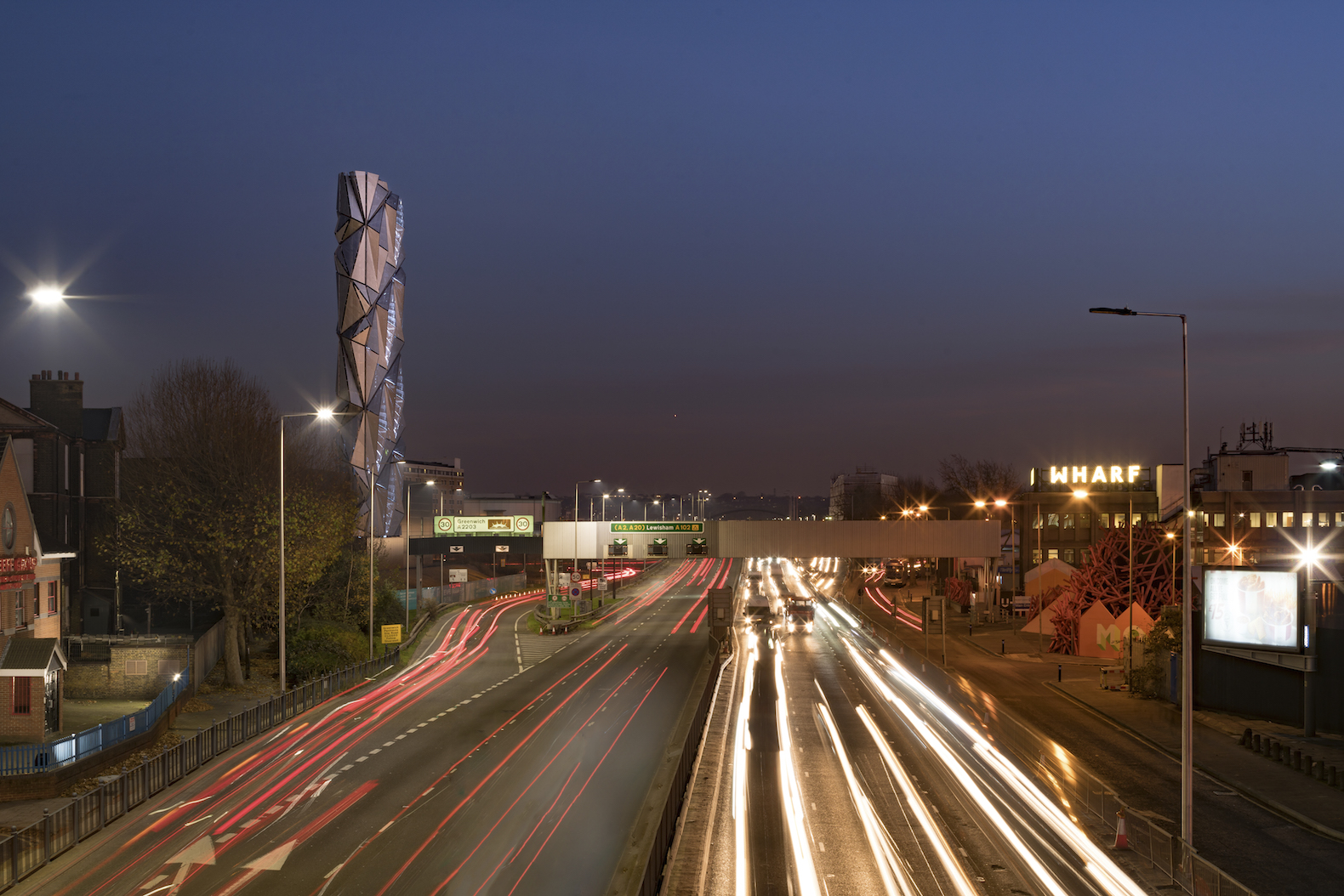Greenwich Peninsula Low Carbon Energy Centre by C.F. Møller Architects, Conrad Shawcross energy center, The Optic Cloak by Conrad Shawcross, combined heat and power center, combined heat and power in Greenwich Peninsula,