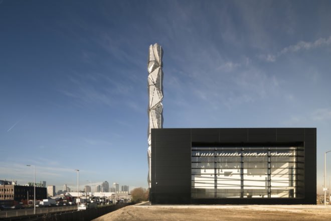 Greenwich Peninsula Low Carbon Energy Centre by C.F. Møller Architects, Conrad Shawcross energy center, The Optic Cloak by Conrad Shawcross, combined heat and power center, combined heat and power in Greenwich Peninsula,