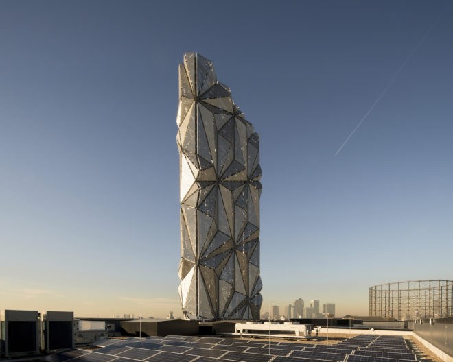 Greenwich Peninsula Low Carbon Energy Centre by C.F. Møller Architects, Conrad Shawcross energy center, The Optic Cloak by Conrad Shawcross, combined heat and power center, combined heat and power in Greenwich Peninsula,