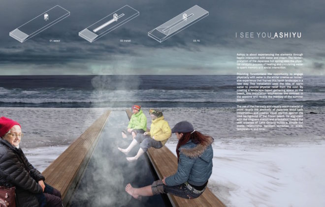 I See You Ashiyu by Asuka Kono and Rachel Salmela, North by studio PERCH, Collective Memory by Mario García and Andrea Govi, BuoyBuoyBuoy, The Beacon, Flotsam and Jetsam by University of Waterloo, Midwinter Fire, Illusory. Toronto Winter Stations winners, Winter Stations 2017