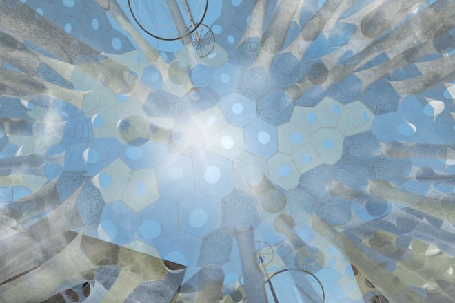 Lumen installation at MoMA PS1, Lumen by Jenny Sabin Studio, Jenny Sabin Studio at MoMA, MoMA Young Architects Program 2017, robotically woven canopy, photoluminescent textiles, recycled textiles, solar textile