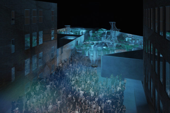 Lumen installation at MoMA PS1, Lumen by Jenny Sabin Studio, Jenny Sabin Studio at MoMA, MoMA Young Architects Program 2017, robotically woven canopy, photoluminescent textiles, recycled textiles, solar textile