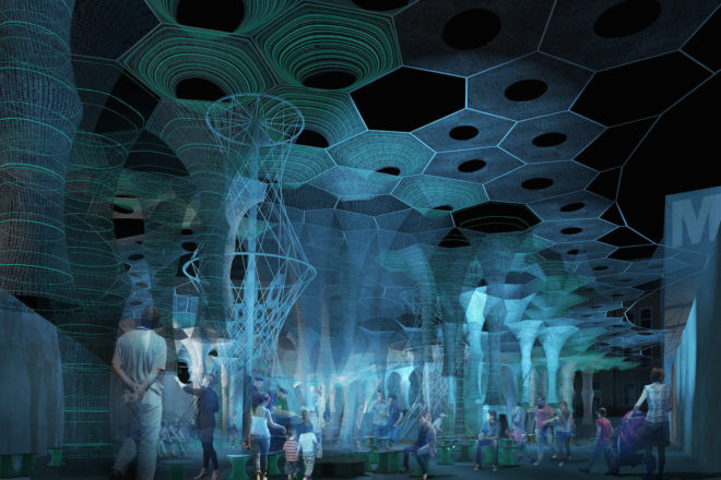Lumen installation at MoMA PS1, Lumen by Jenny Sabin Studio, Jenny Sabin Studio at MoMA, MoMA Young Architects Program 2017, robotically woven canopy, photoluminescent textiles, recycled textiles, solar textile