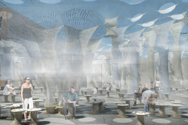 Lumen installation at MoMA PS1, Lumen by Jenny Sabin Studio, Jenny Sabin Studio at MoMA, MoMA Young Architects Program 2017, robotically woven canopy, photoluminescent textiles, recycled textiles, solar textile