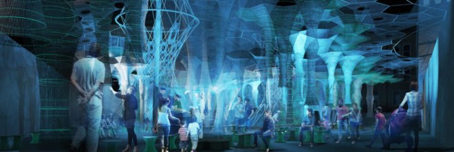 Lumen installation at MoMA PS1, Lumen by Jenny Sabin Studio, Jenny Sabin Studio at MoMA, MoMA Young Architects Program 2017, robotically woven canopy, photoluminescent textiles, recycled textiles, solar textile