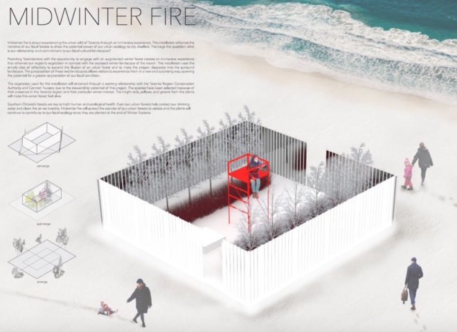 I See You Ashiyu by Asuka Kono and Rachel Salmela, North by studio PERCH, Collective Memory by Mario García and Andrea Govi, BuoyBuoyBuoy, The Beacon, Flotsam and Jetsam by University of Waterloo, Midwinter Fire, Illusory. Toronto Winter Stations winners, Winter Stations 2017