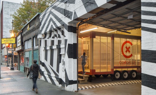 LOS OSOS, Coroflot, Mobile Work Unit (MWU), flexible spaces, mobile workspace, trailer, Los Angeles, modular furniture, green architecture, green design, flexible office space, natural light, post and beam, locally sourced wood, polycarbonate panels