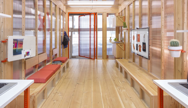 LOS OSOS, Coroflot, Mobile Work Unit (MWU), flexible spaces, mobile workspace, trailer, Los Angeles, modular furniture, green architecture, green design, flexible office space, natural light, post and beam, locally sourced wood, polycarbonate panels