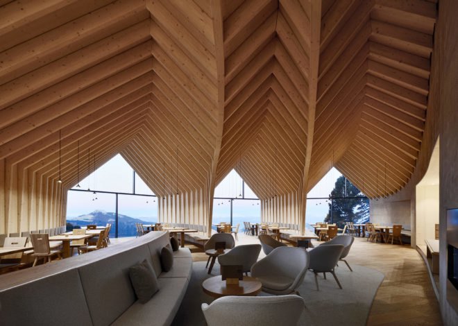 Oberholz, Oberholz Mountain Hut, Oberholz Mountain Hut by Peter Pichler and Pavol Mikolajcak, Peter Pichler, Peter Pichler Architecture, Pavol Mikolajcak, Obereggen, Obereggen ski resort, Italy, Dolomites, mountain, mountains, mountain hut, mountain huts, hut, huts, restaurant, restaurants, bar, bars, cantilevered, tree, fallen tree, nature, wood, spruce, larch, oak, architecture, design