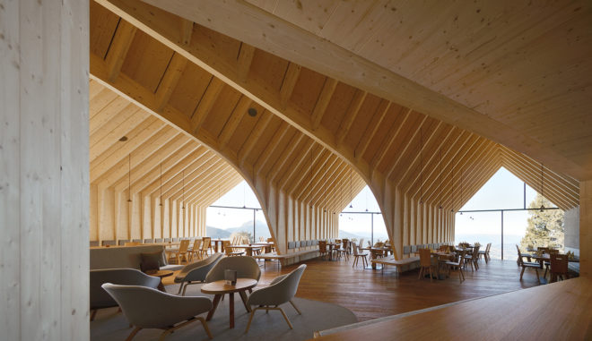 Oberholz, Oberholz Mountain Hut, Oberholz Mountain Hut by Peter Pichler and Pavol Mikolajcak, Peter Pichler, Peter Pichler Architecture, Pavol Mikolajcak, Obereggen, Obereggen ski resort, Italy, Dolomites, mountain, mountains, mountain hut, mountain huts, hut, huts, restaurant, restaurants, bar, bars, cantilevered, tree, fallen tree, nature, wood, spruce, larch, oak, architecture, design