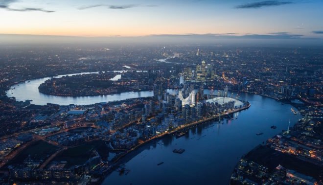 Greenwich Peninsula development project, Greenwich Peninsula by Knight Dragon, Knight Dragon and Santiago Calatrava, Peninsula Place by Santiago Calatrava, Peninsula Central neighborhood, Greenwich Peninsula regeneration project,