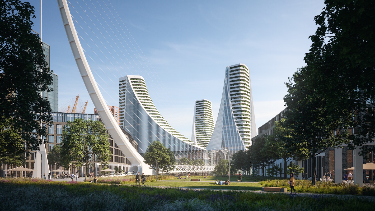 Greenwich Peninsula development project, Greenwich Peninsula by Knight Dragon, Knight Dragon and Santiago Calatrava, Peninsula Place by Santiago Calatrava, Peninsula Central neighborhood, Greenwich Peninsula regeneration project,