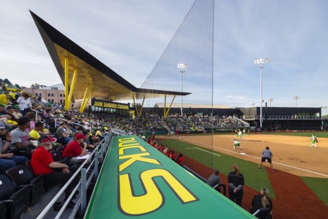 Jane Sanders Stadium at University of Oregon, LEED Gold stadium design, University of Oregon softball stadium, Jane Sanders Stadium by SRG Partnership, University of Oregon stadium by SRG Partnership, Oregon Model for Sustainable Development, energy efficient stadium design,